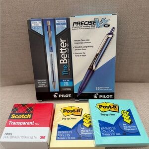 Stationery Set 14 Blue Ink Pilot Pens, 2 Sticky Notes & 1 Tape Refill